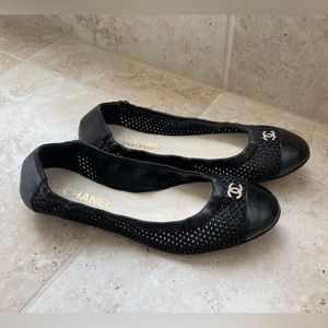Chanel Ballerina Flat - Black Mesh and Leather Size 39 1/2